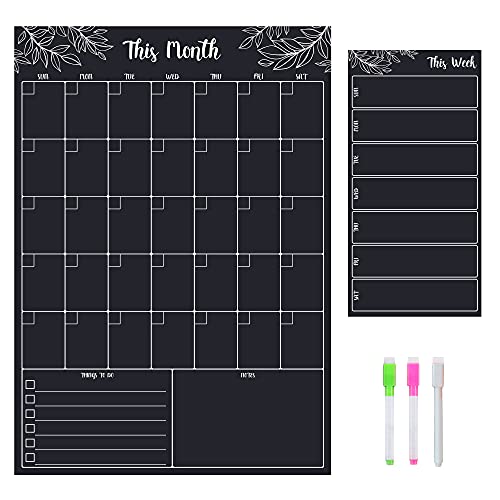 Dry Erase Magnetic Chalk Board Monthly Calendar for Refrigerator 12″ x 17″ with Reusable Weekly Fridge Calendar 5″ x 10″ | 3 Chalkboard Markers Included