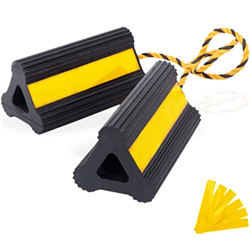 Tiousmoky Wheel Chocks Rubber Heavy Duty Trailer Wheel Chocks with Yellow Reflective Visibility Tape and Yellow Nylon Rope 8.27″ x 4.53″ x 3.94″ (Comes with Spare Yellow Reflective Strip)