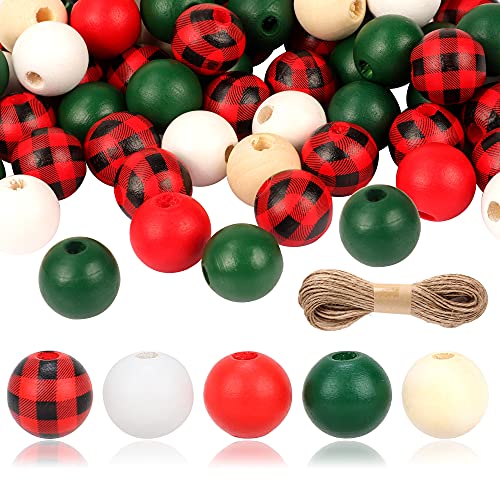 200 Pcs Christmas Wooden Beads Red Green Buffalo Plaid Wood Bead White Natural Polished Bead with Hemp Rope for Christmas Party Holiday DIY Craft Garland Jewelry Making,16 mm