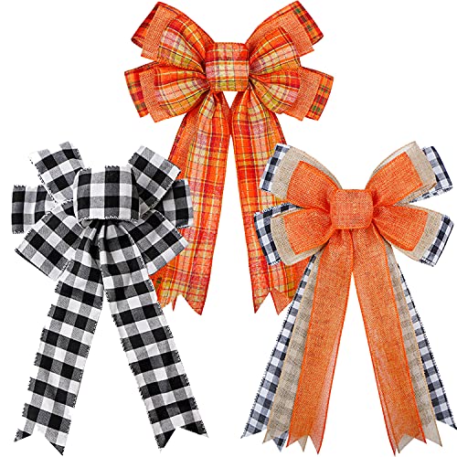 Adurself 3PCS Large Fall Wreath Gift Bow Orange Black White Buffalo Plaid Check Wreath Bow Thanksgiving Wreath Pre-Tied Bow for Indoor Outdoor Door Wall Wreath Holiday Fall Party Decoration