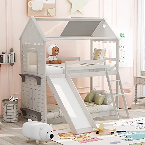Bellemave Twin Over Twin Wood Bunk Bed with Slide, House Bunk Bed with Roof and Guardrails for Kids, Boys, Girls (Antique White)