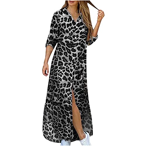 Ganfancp Casual Summer Dress for Women,Daily Work Loose Lapel Long Sleeeve Dress Fashion Print Button Down Maxi Dress Black
