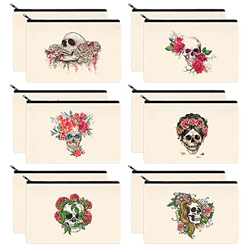 PARBEE Sugar Skull Makeup Bag, 12PCS Canvas Cosmetic Pouch Zipper Toiletry Bags Dia de los Muertos Skulls and Roses Day of the Dead Multi-purpose Organizers