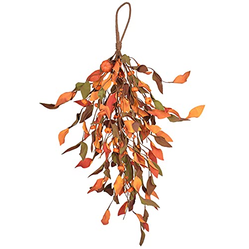 Ohstgp Artificial Fall Swag for Front Door 25 Inch with Maple Leaves and Pumpkin Autumn Harvest Teardrop Thanksgiving Christmas Home Wall Decor, Orange, (210603XU10-9245-1422142611)