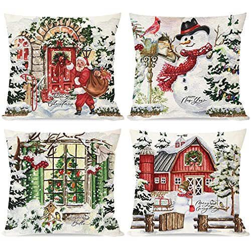 PANDICORN Watercolor Christmas Pillow Covers 18×18 Set of 4 for Home Decorations, Vintage Christmas Trees Santa Claus Snowman, Rustic Country Winter Holiday Decor Throw Pillows Cases for Sofa Couch