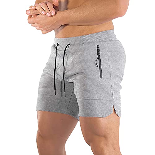 BUXKR Mens Workout Shorts 5 Inch Quick Dry Gym Shorts for Men Athletic Running Shorts with Zipper Pockets, Light Grey, S
