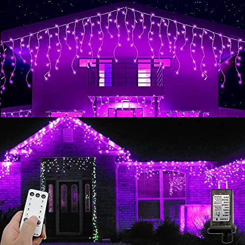 YOLIGHT 16.5ft 192 LED Halloween Icicle Lights Outdoor, Icicle Christmas Lights with Remote, 8 Modes Twinkle Curtain String Lights, Wedding Party Home Garden Bedroom Roof Christmas Decoration(Purple)