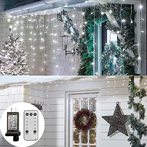 YOLIGHT Icicle Lights Outdoor, 16.5ft 192 LED Icicle Christmas Lights with Remote Control, 8 Modes Twinkle Curtain Lights for Home Garden Bedroom Roof Wedding Party Halloween Decoration (White)