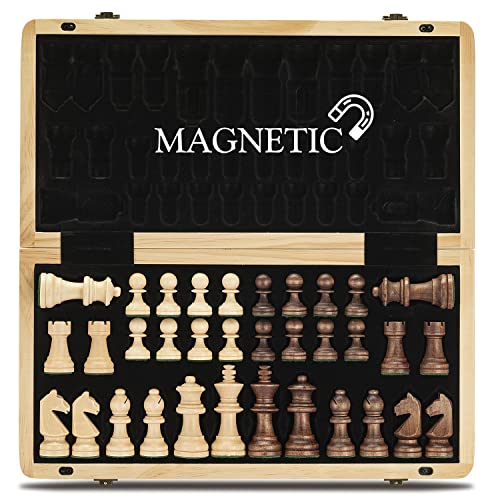 A&A 15 inch Foldable Wooden Magnetic Chess Set w/ 3 inch King Height Staunton Chess Pieces – Pine Box w/ Mahogany & Maple Inlay