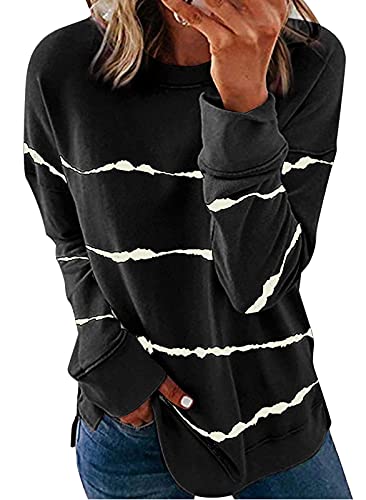 Happy Sailed Womens Tie Dye Printed Sweatshirt Loose Casual Long Sleeve Crewneck Striped Pullover Tops,Large Black