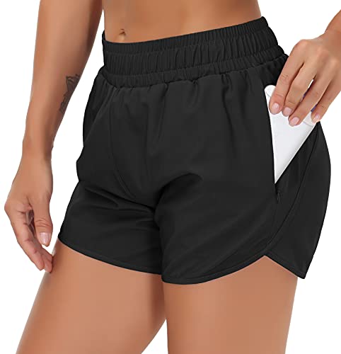 THE GYM PEOPLE Womens Running Shorts with Liner Quick-Dry Yoga Athletic Workout Shorts Zipper Pockets (Black, Small)