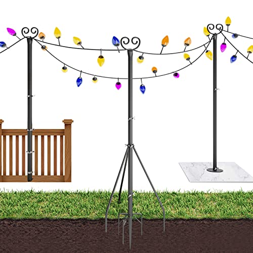 2022 Upgraded String Light Poles for Outdoor (2×10 FT) Heavy Duty Outside Light Poles Sturdy Steel Pole Stand Hooks to Hang Lights for Garden Backyard Patio Wedding Party Deck Birthday Decorations