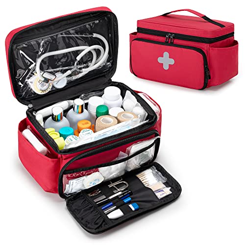 CURMIO Small Medicine Storage Bag Empty, Family First Aid Box, Pill Bottle Organizer for Emergency Medical Supplies, Red (Bag Only, Patent Pending)