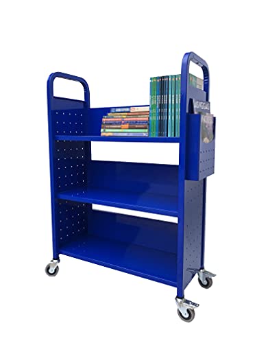 Workington Rolling Book Truck Book Cart with 3 Flat Shelves, Library Book Cart with Swivel Lockable Casters 3001 Blue