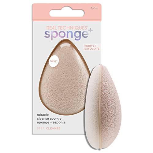 Real Techniques Miracle Cleansing Sponge, Sponge +, Skincare Facial Cleansing Tool with Probiotics, Exfoliate & Clean Pores, Dual Sided, Pink, Gentle on Skin, 1 Count