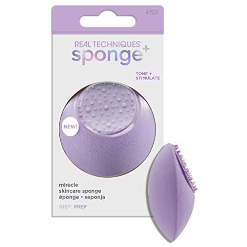 Real Techniques Sponge +, Beauty Sponge Blender for Toner with Vegan Collagen, Miracle Skincare Sponge, For Facial Serums and Moisturizers, Purple, 1 Count