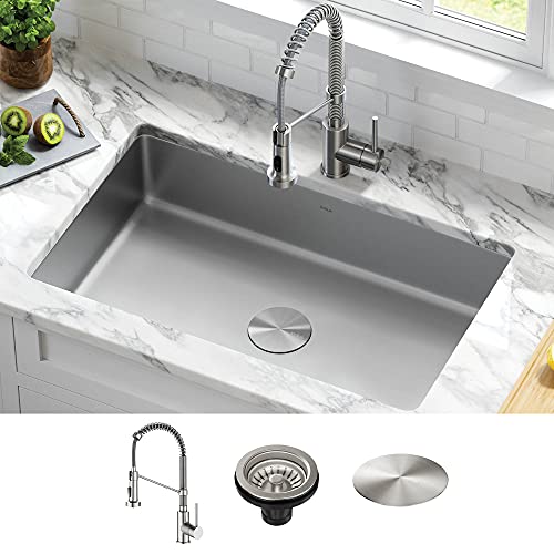Kraus KCL-1700 Dex 16 Gauge Stainless Steel Single Bowl Sink with Spot Free 18-Inch Commercial Kitchen Faucet with Dual Function Pull-Down Sprayhead in All-Brite