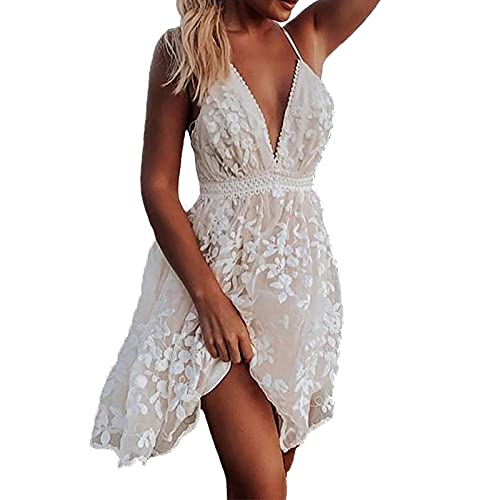 MIANHT Summer Dress for Women White Lace Backless V Neck Spaghetti Strap Dress Floral High Waist Flowy Beach Dress 2021