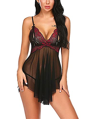 Generic Womens Sexy Lingerie Dress Strap Lace See Through Babydoll Sleepwear Sheer V Neck Chemise Teddy Nightwear Red,Small