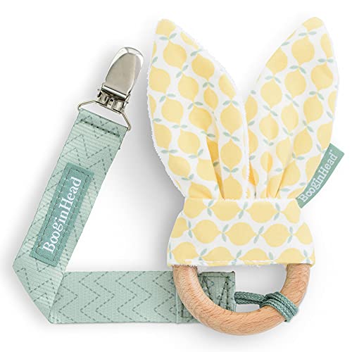 BooginHead Wooden Teethers for Babies, Bunny Ear Teething Ring and Pacifier Clip, Lemons