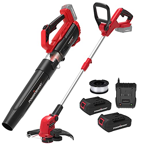 PowerSmart 20V Cordless String Trimmer Battery Edger Trimmer 12-Inch 2-in-1 Max Cordless Leaf Blower Leaf Combo Kit, Trimmer and Blower Include 2.0Ah Lithium-Ion Battery