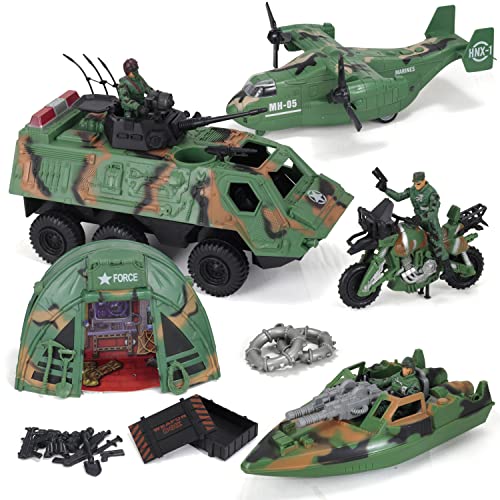 JOYIN Military Vehicles Toy Set Including Friction Osprey Helicopter, Armored Car, Military Camp, Military Boat, Motorcycle, Army Men Figures and Weapon Gear Accessories for Combat Imaginative Play