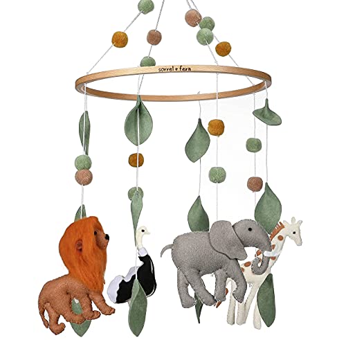 Sorrel + Fern Baby Crib Mobile (Safari, Elephant, Lion & Giraffe) – Nursery Decoration Ceiling Mobile and Baby Shower for Boys – for Boys & Girls