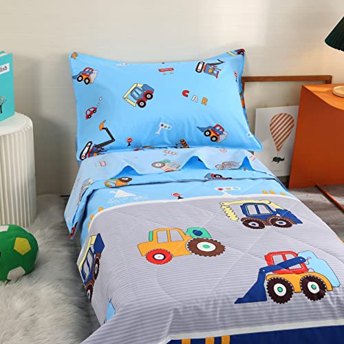 Wowelife Cartoon Cars Toddler Bedding Set for Kids 100% Cotton 4Piece Colorful Car Toddler Comforter Sets (Blue)