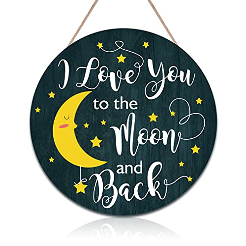 CHDITB Love You To The Moon And Back Wood Sign Wall Decor, Moon Star Wooden Door Hanging Art, Family Love Words Wood Art Plaque for Children Wife Bedroom Nursery (12”x12”)
