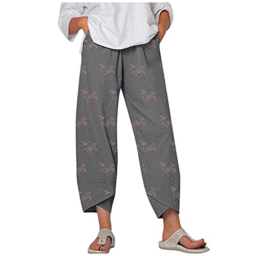 RIZI 2021 Flowy Pants for Women Linen Cotton Elastic Boho Sunflower Clothing Summer Casual Comfy Lightweight Palazzo Wide Leg Yoga Lounge Harem Hippie Floral Print Cropped Pant with Pockets, gray, XL