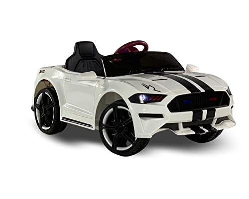 First Drive Mustang – 12V Power Battery Dual Motor Wheels- Kids Electric Ride-On Toy Car with Remote Control, MP3 Music Playback, Aux Cord, Premium Wheels, Rear Wheel Drive (White)