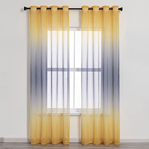 Yellow and Gray Sheer Curtains for Living Room Bedroom Kids Bedroom , Semi Sheer Voile Curtains 2 Panels,54 x 84 Inches