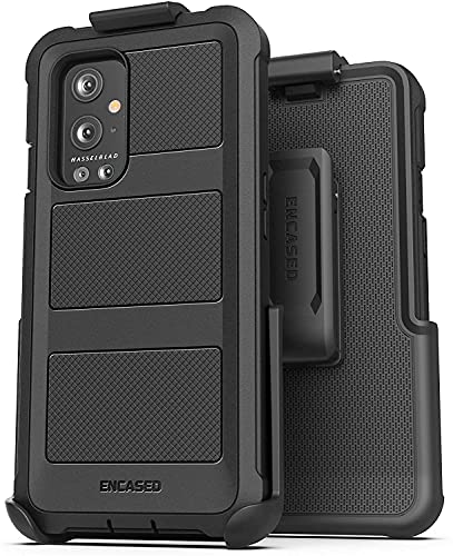 Encased Falcon Armor for OnePlus 9 Pro Belt Clip Case with Screen Protector, Protective Full Body Built-in Screen Phone Case with Holster (Black)
