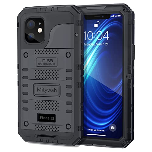 Mitywah Waterproof Case for iPhone 12, Heavy Duty Shockproof Case with Built-in Screen Protector, Full Body Underwater Protective Metal Case 6.1 inch, Black