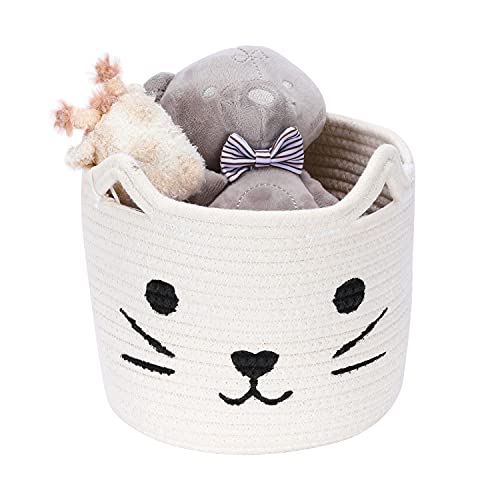 Small Cat Cotton Rope Basket Baby Basket for Nursery | Hombins Woven Basket Cute Kids Basket for Organization Stuffed Animal Storage Hamper for Pen, Tissue, Candy, 8”X7”