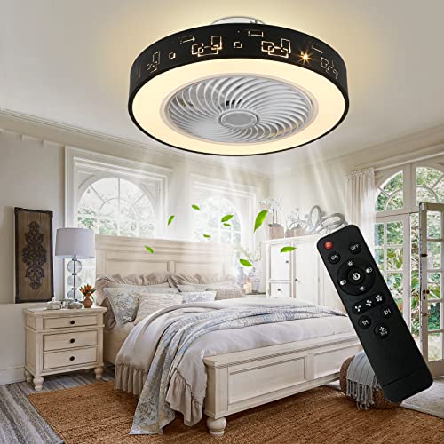 JUTIFAN Modern Enclosed Ceiling Fan with Lights Remote Control, Dimmable 3 Color Adjustable Low Profile Ceiling Fan, 1H/2H Timing, Black Ceiling Fans 72W Bladeless Ceiling Fan with Light for Kitchen
