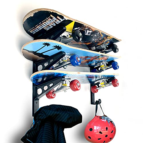 CAIKEI Skateboard Storage Rack Wall Mounted Hanger Longboard Organizer Display Holder Skateboard Tool Storage for Home and Garage,Space Saving for Skateboard, Longboard, Scooters, Helmets and More
