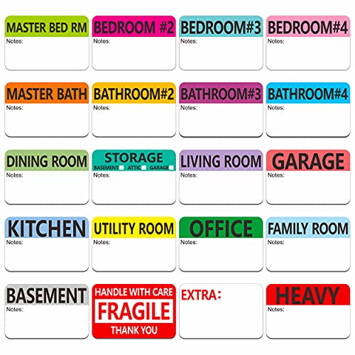 500 pcs 20 Designs Pre-Printed Color-Coded Home Moving Packing Box Labels with Writable Notes Areas, Each Measures 2” x 3”