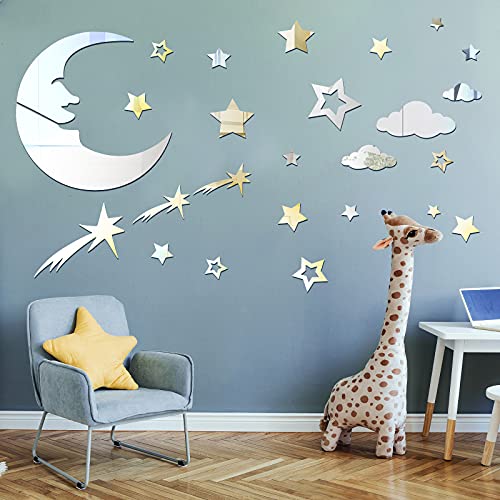 82 Pieces Moon and Stars Mirror Decals Removable 3D Acrylic Mirror Stickers Moon and Stars Wall Stickers Home Decor for Living Room Kids’ Room Nursery Decoration