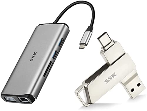 SSK Bundles 11 in 1 USB C Docking Station and 128GB USB C Flash Drive 150MB/s Dual Drive 2 in 1 OTG Type-C + USB 3.1 Thumb Drive Thunderbolt 3