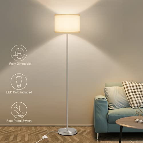 Floor Lamp for Living Room,Fully Dimmable Modern Standing Lamp with Pedal Switch Sliver Tall Pole Reading Light with White Drum Shade for Bedroom Study Room Office LED 8W Bulb Included