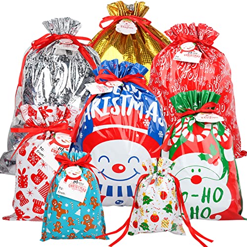 Giiffu Christmas Drawstring Gift Bags, 40Pcs Santa Wrapping Bag in 8 Sizes and 8 Designs with Tags for Xmas Holiday Presents Party Favor Wrapping