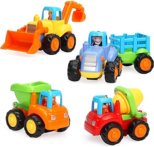 TINOTEEN Baby Toy Cars for 1 2 3 Year Old, 4 Pack Toddler Friction Powered Cars Push and Go Car Toys Baby Construction Vehicles