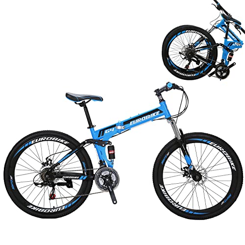 EUROBIKE Folding Bike,26 Inch Folding Full Suspension Mountain Bike,Dual Disc Brake 21 Speed Bicycle for Adults Men or Women (Blue Aluminium Rims)