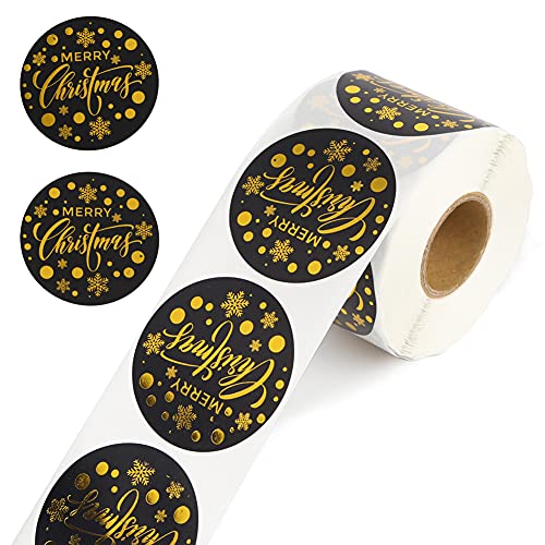 Koogel 500 pcs Merry Christmas Stickers Seal Labels Black Gold Round Roll, 2 Inch Self Adhesive Christmas Gift Tags Present for Bookmarks Scrapbooks Gift Paper Wrappers Xmas Gift Box Labels