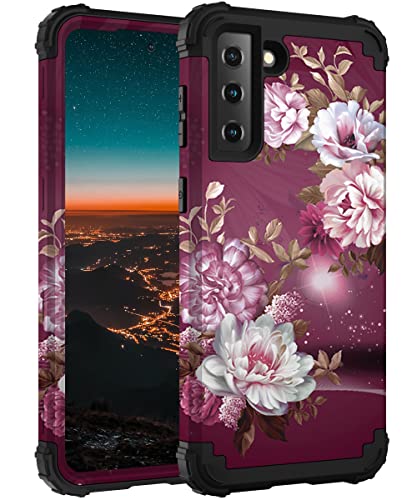Hocase for Galaxy S21 FE 5G Case, Heavy Duty Shockproof Protection Soft Silicone Rubber+Hard Plastic Bumper Hybrid Protective Case for Samsung Galaxy S21 FE (6.4″ Display) 2021 – Burgundy Flowers