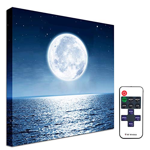 Moon Painting Led Wall Decor – Illuminated Lighted Wall Art Blue Ocean Sea Picture Star Cloud Canvas Print Poster Space Themed Bedroom Kitchen Bathroom Girls Boys Room Decorations 11.6×11.6inch Framed