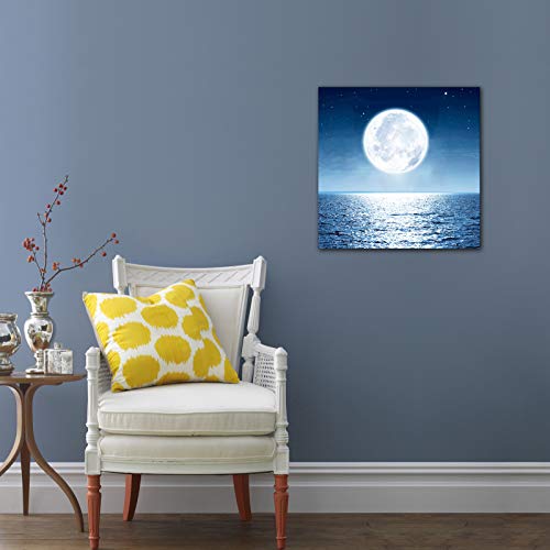 Moon Painting Led Wall Decor – Illuminated Lighted Wall Art Blue Ocean Sea Picture Star Cloud Canvas Print Poster Space Themed Bedroom Kitchen Bathroom Girls Boys Room Decorations 11.6×11.6inch Framed | The Storepaperoomates Retail Market - Fast Affordable Shopping