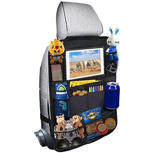 Ecurfu Backseat Car Organizer, Back Seat Protectors Kick Mats, Car Storage Bag with iPad Tablet Holder + 9 Storage Pockets for Kids Toddlers, Travel Accessories (1PC)