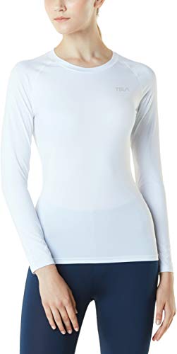 TSLA Women’s Sports Compression Shirt, Cool Dry Fit Long Sleeve Workout Tops, Athletic Exercise Gym Yoga Shirts, Round Neck White, Medium